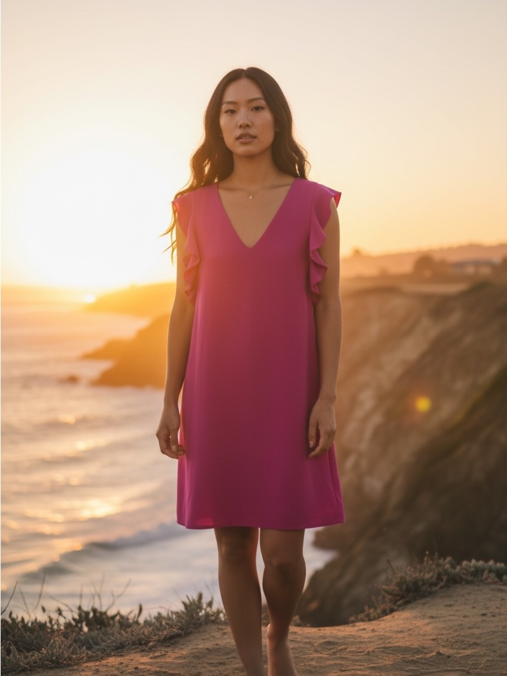 Express Magenta V-Neck Ruffle Sleeve Shift Dress